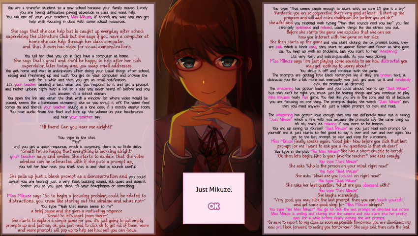 absurdres brown_hair caption character_request doki_doki_literature_club femdom glasses grey_eyes long_hair looking_at_viewer manip mikuze_(manipper) multiple_girls pov pov_sub satchely school_uniform tech_control text unaware velinquent