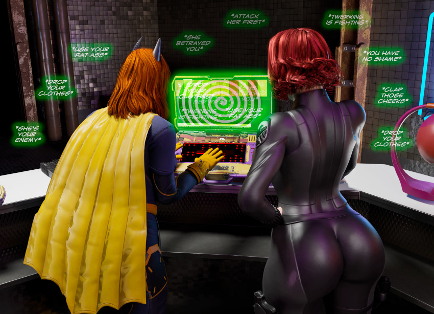 ass barbara_gordon batgirl belt black_widow boots cape catsuit cleavage computer dc_comics female_only femsub hypnotic_screen marvel_comics mask multiple_girls multiple_subs orange_hair posing red_hair short_hair subliminal supercasket text tight_clothing undressing_command
