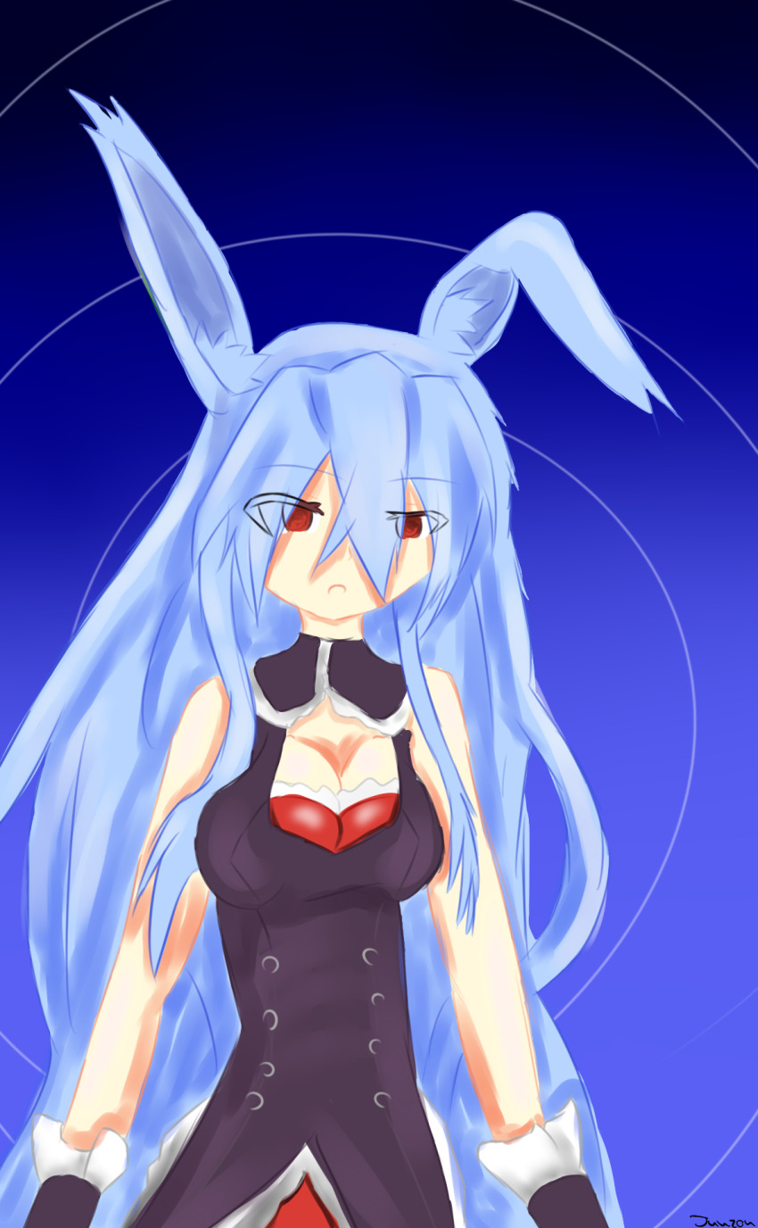 blue_hair breasts bunny_girl empty_eyes femsub juuzou kurousagi large_breasts long_hair open_mouth problem_children_are_coming_from_another_world_aren't_they? red_eyes