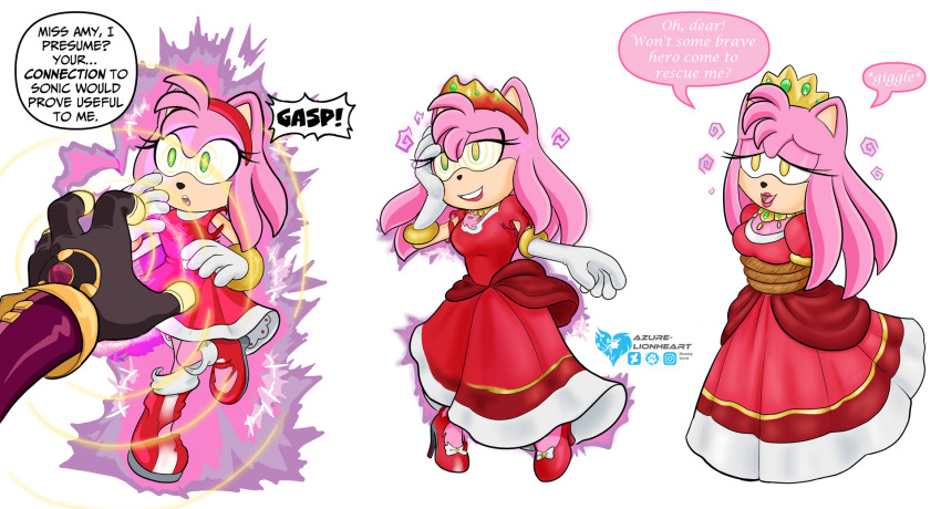 amy_rose azure-lionheart bondage crown dialogue dress femsub gloves green_eyes happy_trance hedgehog_girl high_heels idw_comics maledom platypus_boy princess princessification sequence smile sonic_the_hedgehog_(series) starline tech_control transformation white_background yellow_eyes