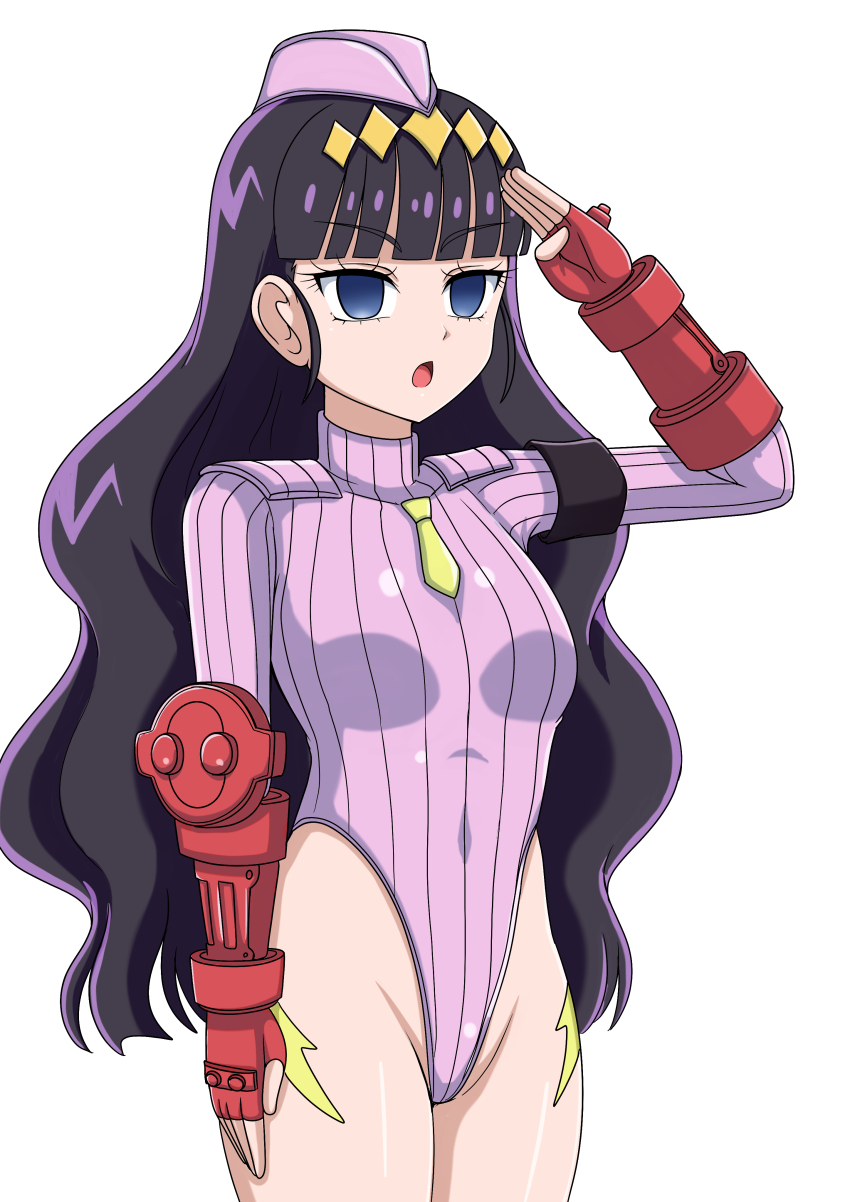 absurdres alternate_costume amane_kasai arm_bands bangs bare_legs black_hair blue_eyes bracers breasts capcom clothed corruption crossover delicious_party_precure empty_eyes female_only femsub fingerless_gloves gloves hair_ornament hat leotard long_hair open_mouth precure saluting shadaloo_dolls simple_background skymidaisuki solo standing standing_at_attention straight-cut_bangs street_fighter tie white_background