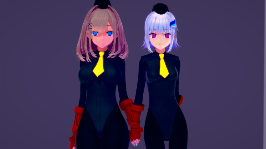3d blue_eyes brown_hair empty_eyes expressionless female_only femsub fingerless_gloves gloves hair_ornament hat koikatsu! large_breasts leggings leotard lize_helesta looking_at_viewer lulu_suzuhara mobmobs multicolored_hair multiple_girls multiple_subs nail_polish purple_background purple_eyes shadaloo_dolls short_hair simple_background small_breasts standing street_fighter tie virtual_youtuber