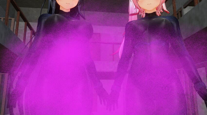 3d alternate_costume black_hair bodysuit custom_maid_3d_2 erect_nipples_under_clothes expressionless female_only femsub hypnotic_gas large_breasts long_hair multiple_girls multiple_subs pink_hair rubber side_ponytail standing swallow774