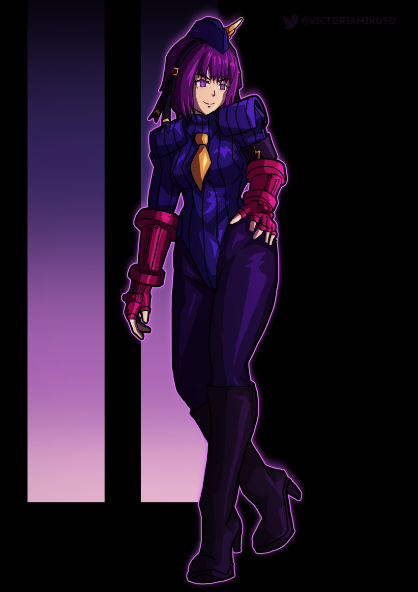 arm_bands athena_asamiya aura black_background bodysuit boots breasts capcom cosplay empty_eyes female_only femsub fingerless_gloves gloves glowing hand_on_hip happy_trance hat headdress high_heels king_of_fighters leotard purple_eyes purple_hair ribbon shadaloo_dolls short_hair shoulder_pads simple_background smile solo standing street_fighter tie victoriamikoto watermark