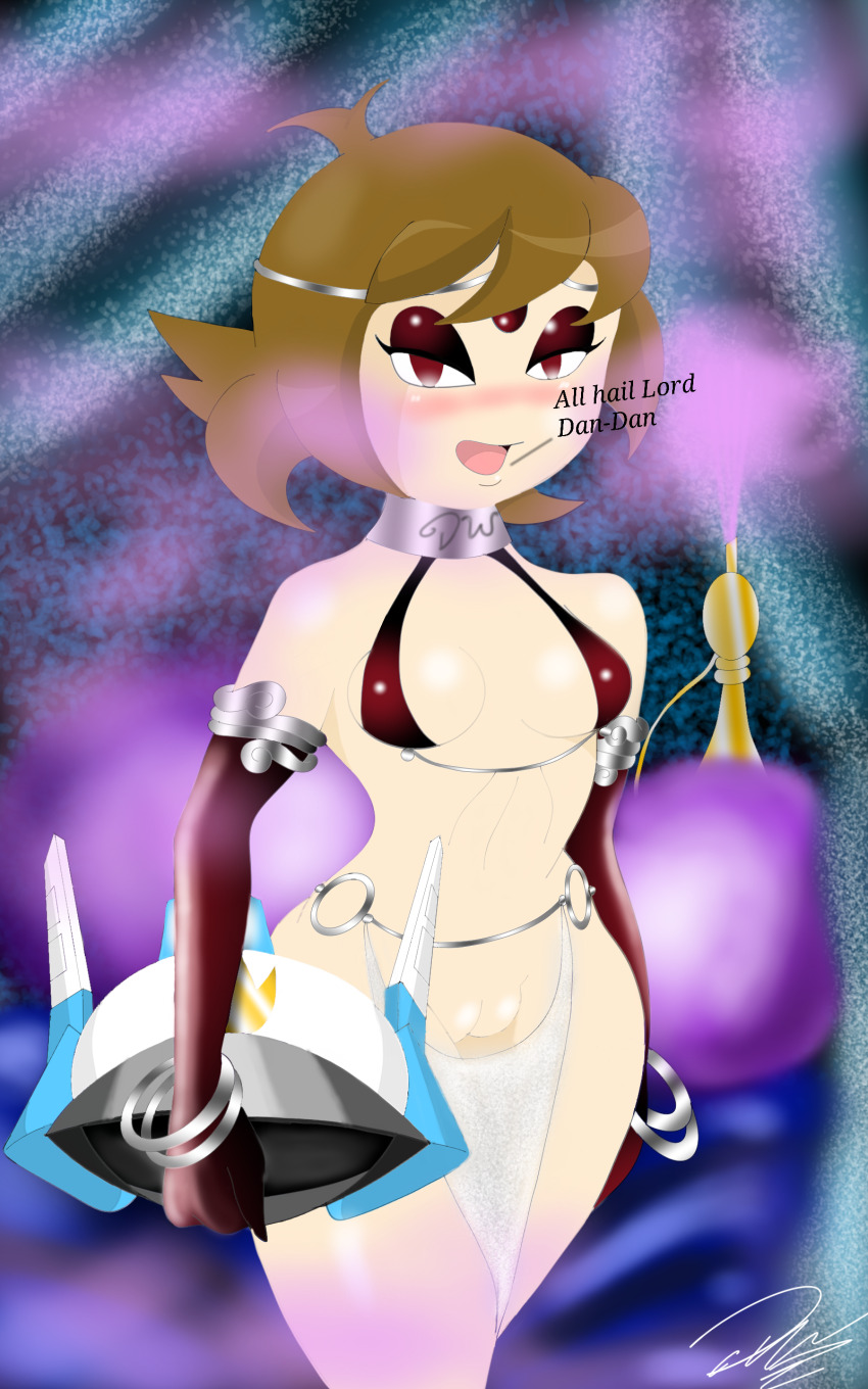 absurdres bra bracelet breasts eyeshadow female_only femsub gloves hypnotic_gas jewelry looking_at_viewer lorddandan midriff mighty_switch_force open_mouth opera_gloves patricia_wagon solo tagme text underwear