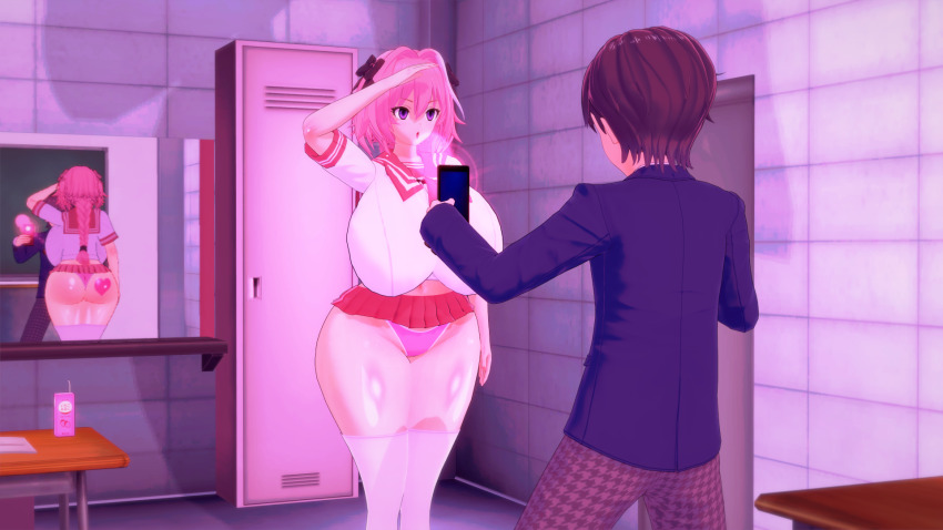 3d astolfo_(fate/grand_order) blackboard breasts fate/grand_order fate_(series) femsub huge_breasts long_hair maledom mirror pink_hair purple_eyes standing standing_at_attention tech_control tsotk