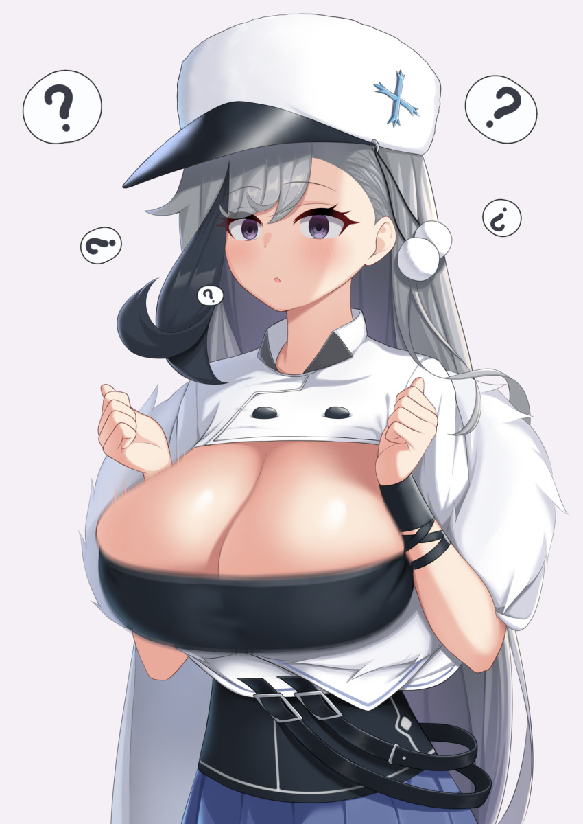 azur_lane black_hair blue_skirt breast_expansion breast_press breasts cleavage confused dazed empty_eyes expressionless female_only femsub grey_hair hat large_breasts maledom military_hat miniskirt minsk_(azur_lane) multicolored_hair neoru open_mouth purple_eyes shirt skirt very_long_hair