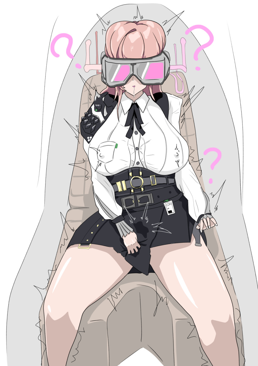 atlasofa belt belted_skirt cables chair confused corruption drool female_only femsub fingering large_breasts long_hair open_mouth pink_hair restrained ribbon shirt simple_background skirt solo spread_legs tech_control trembling tsukishiro_yanagi visor white_background wires zenless_zone_zero