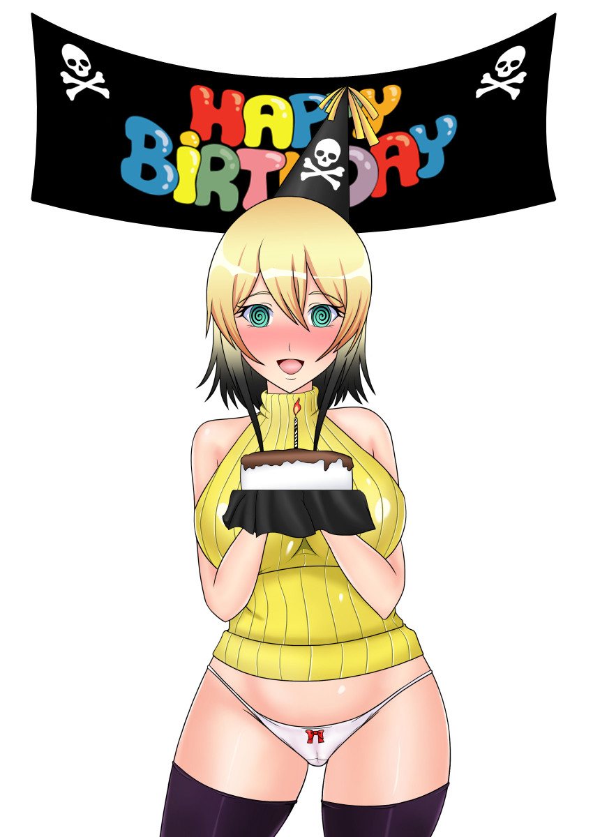 absurdres birthday black_hair blonde_hair blue_eyes blush breasts cake cameltoe candle erika_(er-ikaa) female_only femsub food hat large_breasts multicolored_hair neo-izayoi open_mouth original panties spiral_eyes sweater symbol_in_eyes text thighhighs underwear white_background