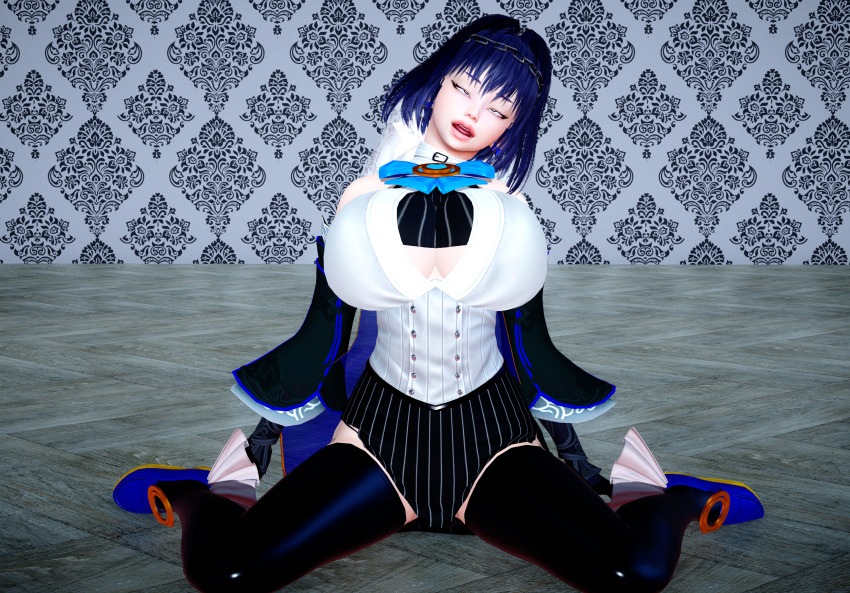 3d blue_hair breasts chains cleavage clothed crossed_eyes dazed empty_eyes eye_roll femsub hair_band hair_ornament heavy_eyelids hololive hololive_english honey_select_2 huge_breasts kneeling kronii_ouro open_mouth pink_eyes ribbon ring_eyes sitting thighhighs veil virtual_youtuber