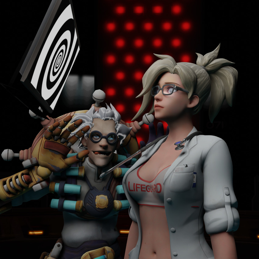 3d absurdres alternate_costume bikini blonde_hair cleavage esccc expressionless femsub glasses gloves hypnotic_screen indifferent junkrat large_breasts maledom mercy navel nurse overwatch short_hair standing standing_at_attention tech_control text unaware white_hair