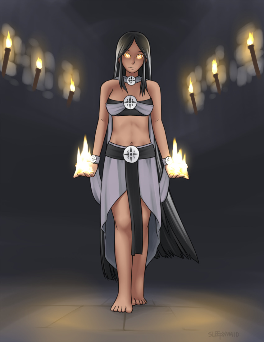 barefoot black_hair breasts character_request expressionless feet female_only femsub flame glowing glowing_eyes large_breasts long_hair magic original skirt sleepymaid solo spiral_eyes symbol_in_eyes very_long_hair