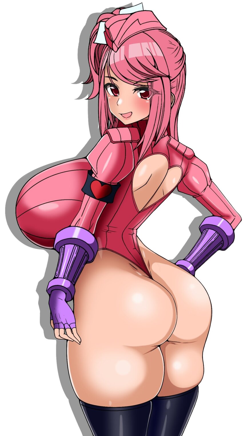arm_bands ass blush boots bow capcom cosplay erect_nipples erect_nipples_under_clothes femsub fingerless_gloves frozen_gingasan gloves gunslinger_stratos hand_on_hip hat huge_breasts kyoka_katagiri leotard looking_at_viewer looking_back open_mouth pink_hair red_eyes shadaloo_dolls side_ponytail simple_background street_fighter thick_thighs thighhighs white_hair