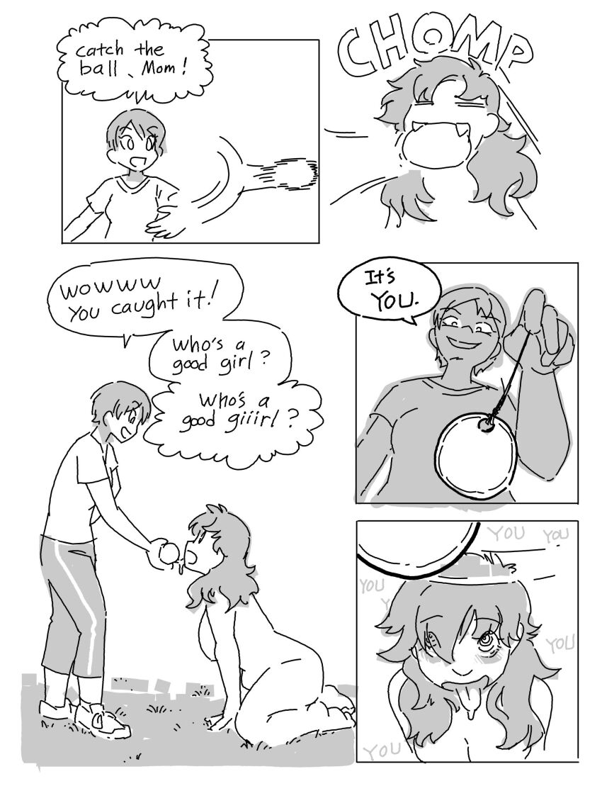 ahoge chubby clothed coin comic convenient_censoring drool evil_smile eyebrows_visible_through_hair femdom femsub happy_trance kneeling large_breasts long_hair milf mother_and_daughter nude open_mouth original outdoors pants pendulum pet_play shirt short_hair sleepymaid smile tagme text tongue tongue_out