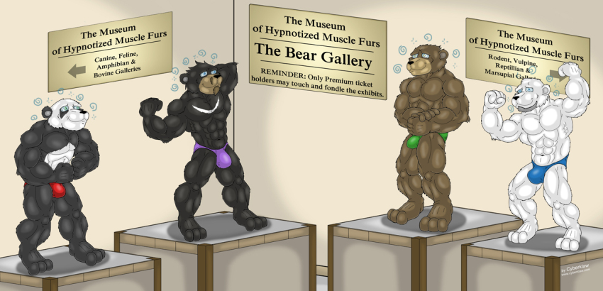 abs bare_legs bear_boy bulge cyberklaw dazed erection erection_under_clothes flexing furry happy_trance male_only malesub multiple_boys multiple_subs muscle_boy original posing spiral_eyes statue symbol_in_eyes text topless underwear