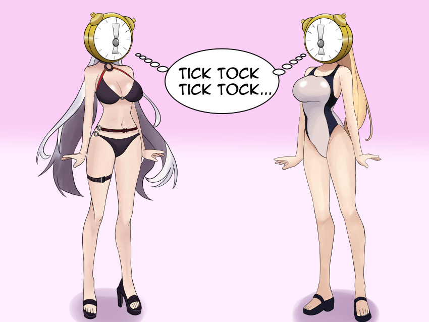 bikini blonde_hair breasts cleavage clefla clock faceless fate/apocrypha fate/grand_order fate_(series) femsub helmet jeanne_alter jeanne_d'arc_(fate) large_breasts mantra multiple_girls multiple_subs one-piece_swimsuit ponytail sandals standing_at_attention swimsuit tech_control text tick-tock_saying twintails white_hair