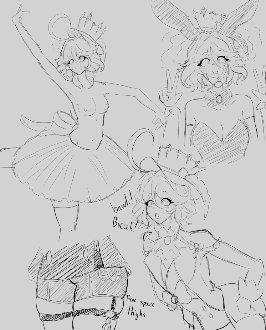 a_singular_fish ahoge arm_warmers ballerina bare_shoulders blush bow_tie bunny_ears bunny_girl bunnysuit cheek_squish chicken_pose cleavage collarbone cuffs dancing double_v drool eyebrows_visible_through_hair fake_animal_ears female_only femsub furina_(genshin_impact) genshin_impact grey_background hand_on_another's_cheek happy_trance hat jacket jewelry legs nipples open_mouth pet_play ribbon short_hair shorts simple_background smile solo spiral spiral_eyes suit symbol_in_eyes text thick_thighs thighhighs thighs top_hat topless