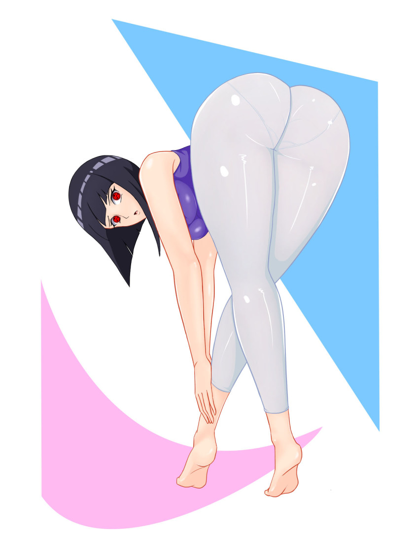 ass ass_focus barefoot bent_over black_hair corruption feet femsub flexible hime_cut hinata_hyuuga large_ass looking_at_viewer looking_back naruto_(series) neo-izayoi red_eyes see-through simple_background symbol_in_eyes tights