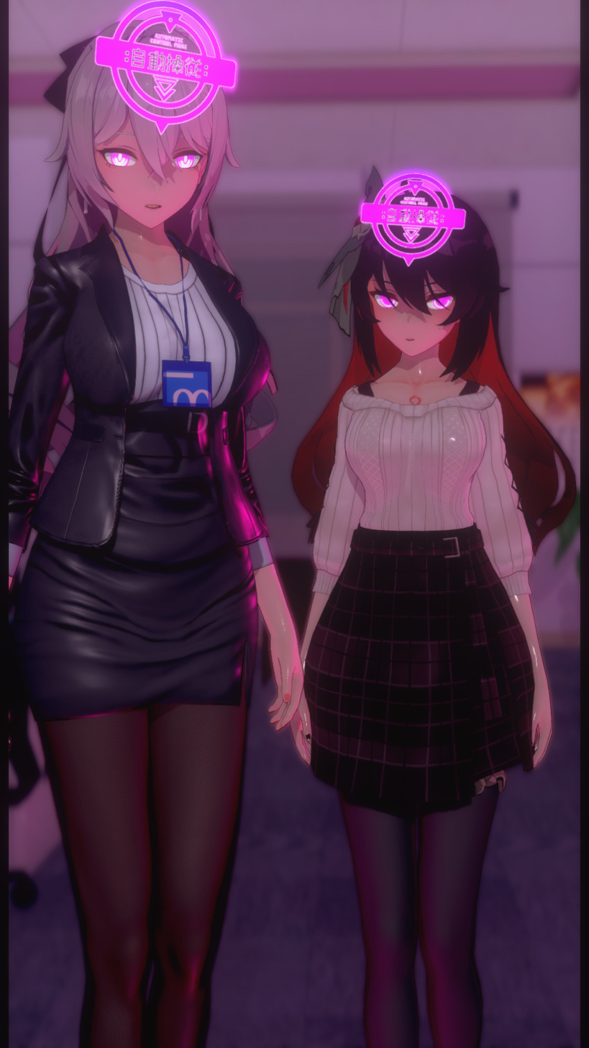 3d absurdres age_difference black_hair bronya_zaychik collarbone comic control_indicator glowing_eyes grey_hair honkai_impact_3rd large_breasts long_hair necklace pantyhose pink_eyes red_hair seele_vollerei skirt taihou1944 text translation_request