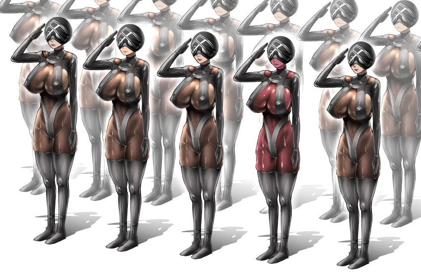 bodysuit boots braid breasts choerotako cleavage drone dungeon_fighter_online erect_nipples erect_nipples_under_clothes expressionless female_only femsub gloves huge_breasts leotard lipstick mask multiple_girls multiple_subs navel opera_gloves red_lipstick red_skin saluting simple_background standing standing_at_attention thigh_boots thighhighs white_background