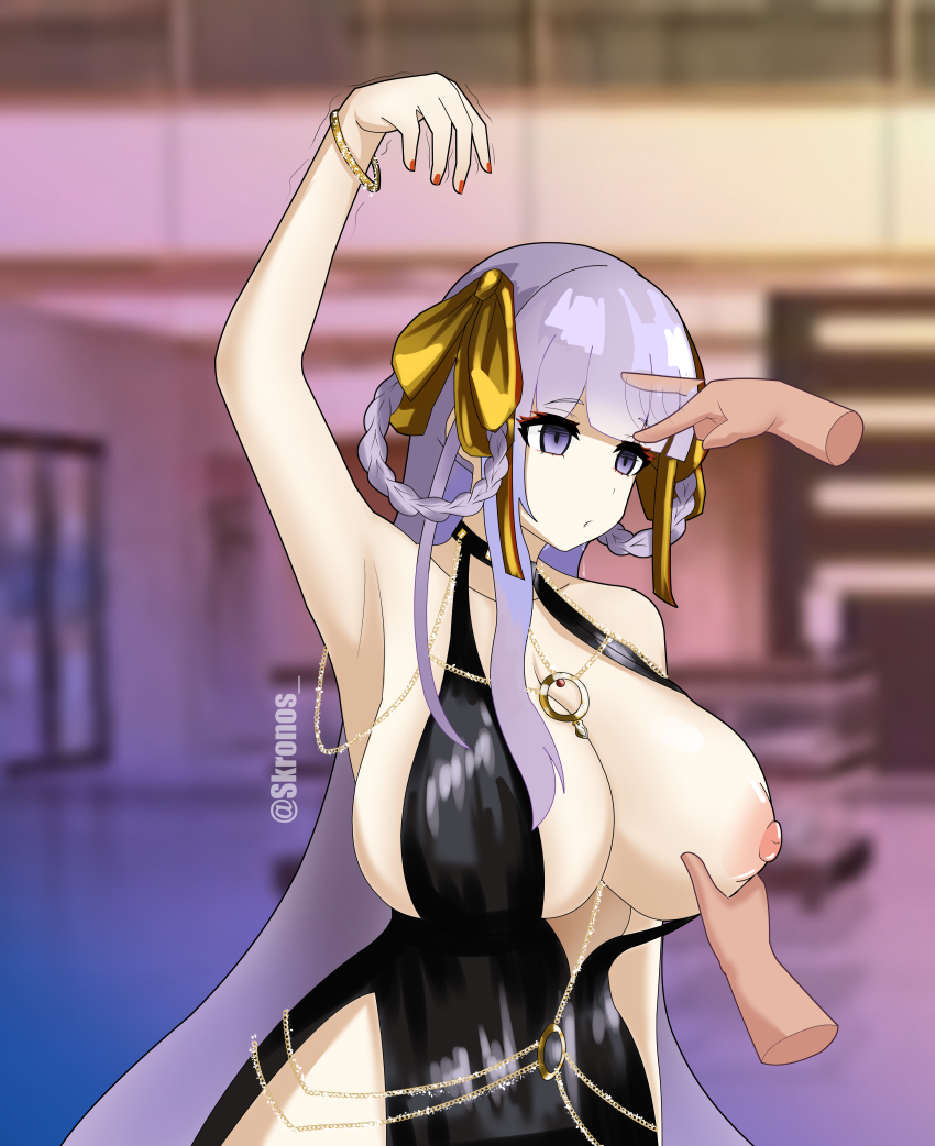 absurdres arm_levitation armpits bare_shoulders bb_(fate/extra_ccc) bracelet braid breast_grab breasts choker collarbone dress drool empty_eyes expressionless eyebrows_visible_through_hair fate/extra fate/extra_ccc fate/grand_order fate_(series) female_only femsub finger_to_forehead gold hair_ornament hair_ribbon huge_breasts jewelry kronobas28 large_breasts long_hair nail_polish necklace nipples one_breast_out phantom_hand purple_eyes purple_hair ribbon signature solo trembling very_long_hair watermark