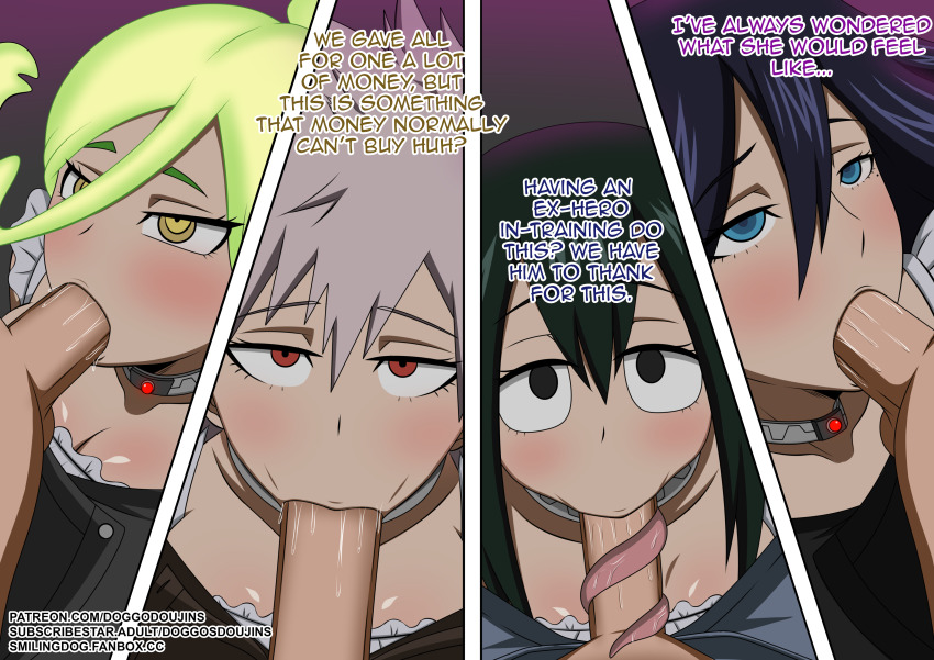 black_eyes black_hair blonde_hair blue_eyes blush clothed collar defeated dialogue doggos_doujins english_text fellatio femsub green_hair long_hair long_tongue maid maledom milf mitsuki_bakugo moe_kamiji mole multiple_boys multiple_doms multiple_girls multiple_penises multiple_subs my_hero_academia nemuri_kayama oral penis red_hair tech_control text tonguejob tsuyu_asui yellow_eyes