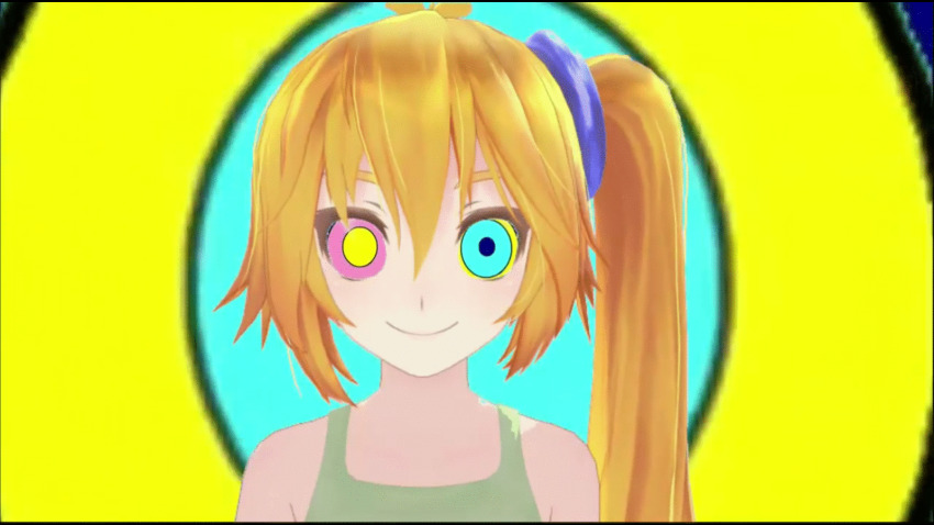 3d animated animated_eyes_only animated_gif bare_shoulders blonde_hair clothed female_only femsub happy_trance helenahunter kaa_eyes looking_at_viewer miku_hypno neru_akita side_ponytail smile solo spiral_eyes symbol_in_eyes vocaloid