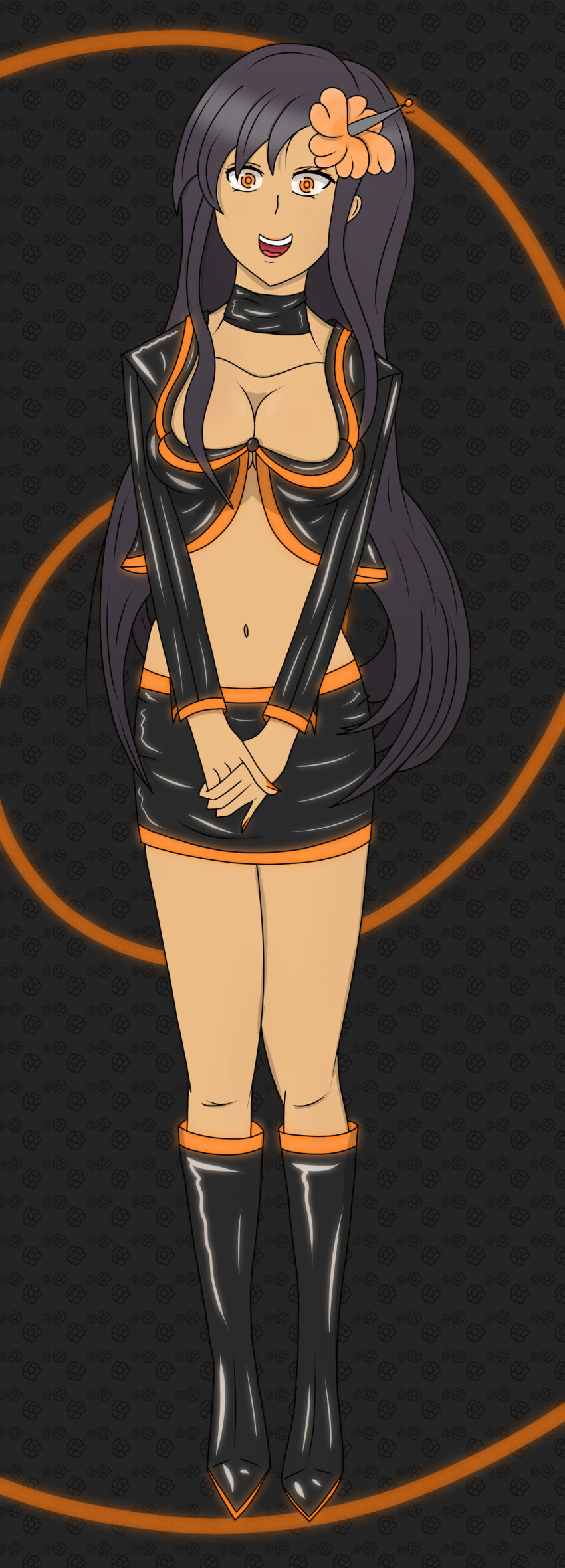 antenna bare_legs black_hair breasts female_only femsub hunie_pop hy2300 lailani_kealoha latex long_hair nail_polish orange_eyes smile tech_control