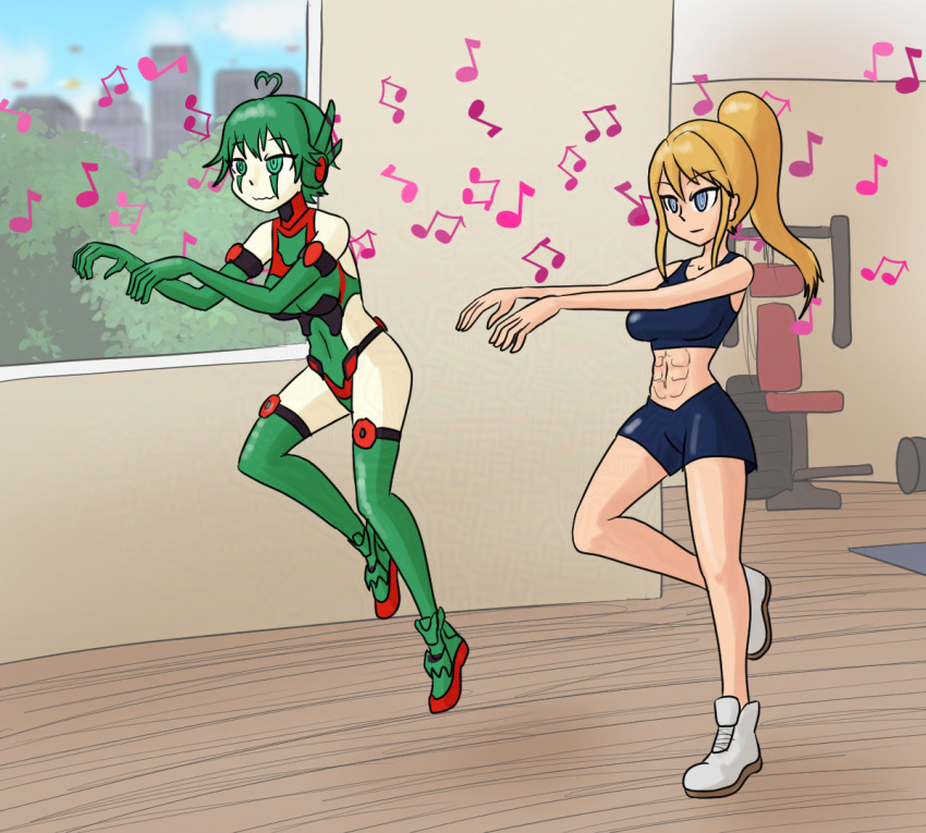 abs blonde_hair female_only femsub green_hair hypnotic_audio hypnotic_music hypnotized_walking long_hair metroid_(series) mythkaz nintendo norune_(sonrio) original samus_aran short_hair spiral_eyes sports_bra tagme zombie_walk