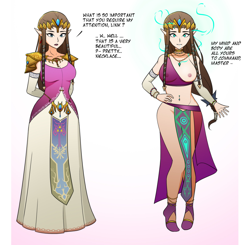 absurdres bare_legs before_and_after blue_eyes breasts brown_hair crown dialogue drool elf elf_ears english_text female_only femsub gloves green_eyes happy_trance harem_outfit hypnotic_accessory jewelry large_breasts legs long_hair necklace nexus_light nintendo nipples open_mouth princess princess_zelda see-through text the_legend_of_zelda topless twilight_princess