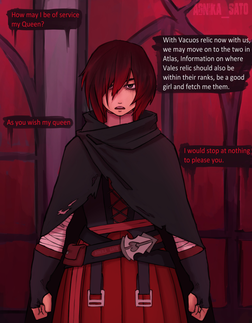 agnikka_sato alternate_costume alternate_hairstyle corruption dialogue enemy_conversion femsub mascara ruby_rose rwby standing standing_at_attention tears text