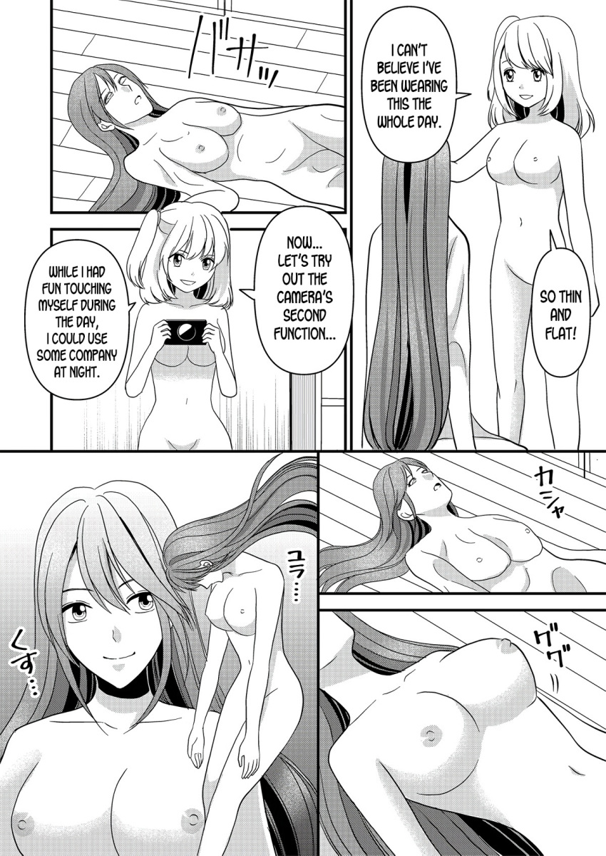 bottomless breasts camera comic dialogue drool empty_eyes femdom femsub greyscale hard_translated kazuha kissing large_breasts licking long_hair marialite masturbation monochrome nude panties possession shower skinsuit tagme text topless translated twintails underwear undressing