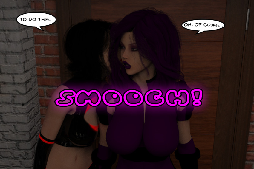 3d amaryst_(theheckle) breasts costume dialogue female_only femdom femsub hypnotic_kiss kissing kisstress_(theheckle) large_breasts latex original purple_hair text theheckle