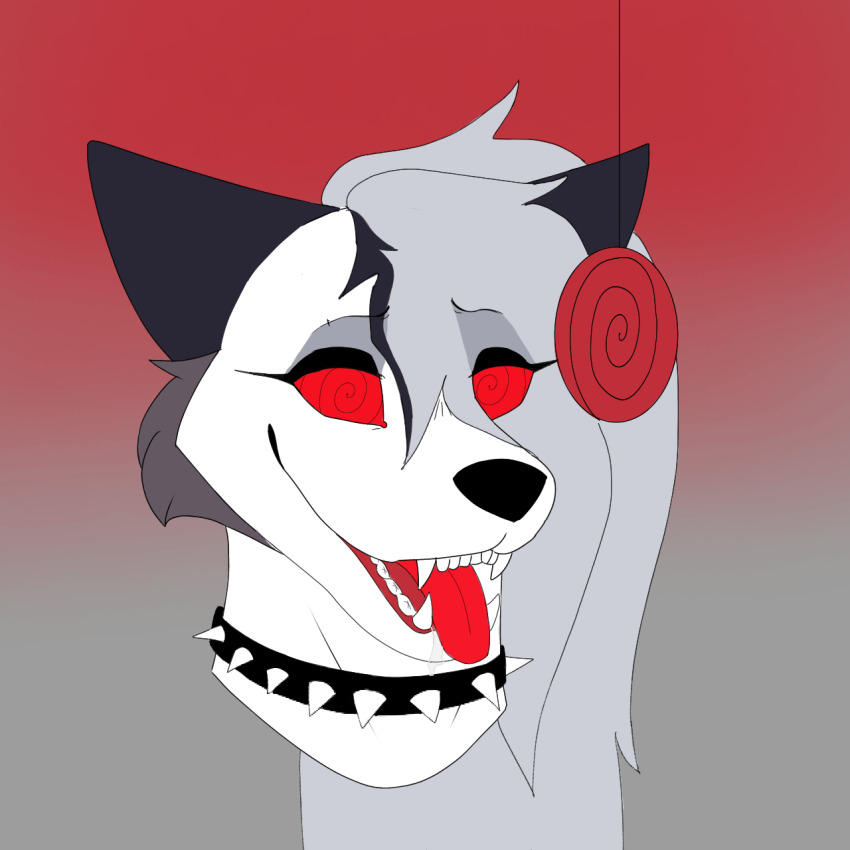 animated animated_gif bunnyinchains collar drool femsub furry goth gradient_background grey_hair hair_covering_one_eye happy_trance helluva_boss long_hair loona_(helluva_boss) open_mouth pendulum red_background simple_background spiral spiral_eyes spiralwash_eyes tongue_out