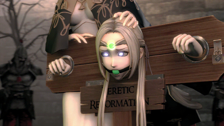 3d amateurthrowaway animated animated_gif ball_gag blue_eyes bondage breasts circlet cleavage clothed dazed edelgard_von_hresvelg empty_eyes female_only femdom femsub fire_emblem fire_emblem_three_houses gag glowing glowing_eyes green_hair hypnotic_accessory large_breasts long_hair nintendo open_mouth resisting rhea_(fire_emblem_three_houses) skirt source_filmmaker standing text thighhighs