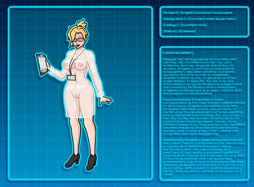 absurdres alternate_costume bad_end bare_legs blonde_hair blue_eyes character_profile clipboard clothed_exposure collarbone female_only femsub glasses happy_trance high_heels lab_coat large_breasts maledom mercy open_clothes open_mouth overwatch pussy see-through sexism simple_background single_hair_bun smile solo text unlikely