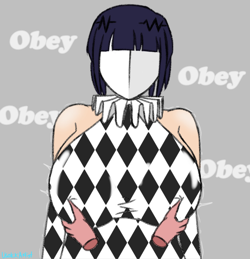 bare_shoulders black_hair bodysuit breast_fondling breast_grab breasts drone dronification expressionless faceless femsub happy_trance huge_breasts kyoka_jiro mantra mask my_hero_academia opera_gloves short_hair standing standing_at_attention text usakiki