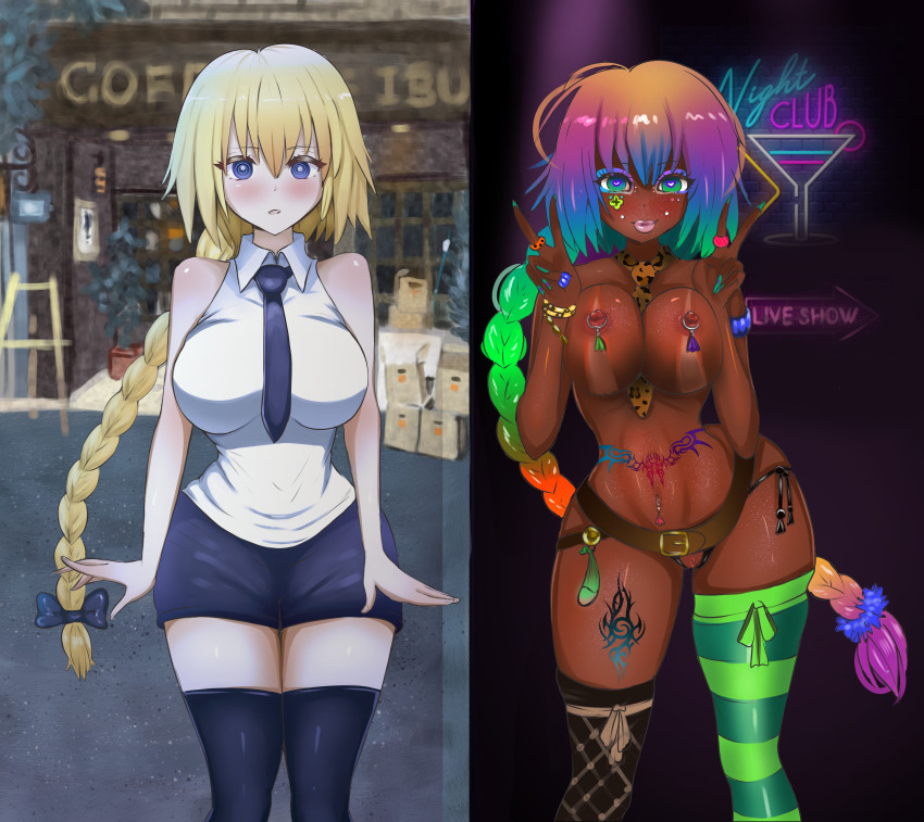 absurdres before_and_after bimbofication blonde_hair breasts condom_accessories double_v ebonization fate/apocrypha fate/grand_order fate_(series) femsub ganguro heart heart_eyes jeanne_d'arc_(fate) makeup multicolored_hair noiretox open_clothes original piercing prostitution spiral_eyes symbol_in_eyes tattoo thighhighs v