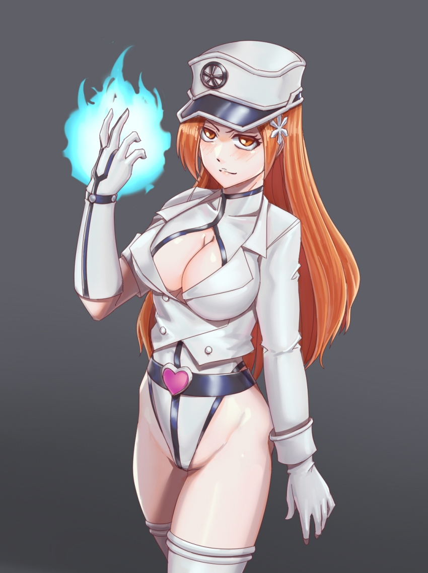 belt black_background bleach breasts cleavage cleavage_cutout clothed collarbone enemy_conversion female_only femsub gauntlets gloves hair_ornament hat leebigtree leotard long_hair looking_at_viewer military_uniform orange_eyes orange_hair orihime_inoue simple_background solo standing thighhighs uniform