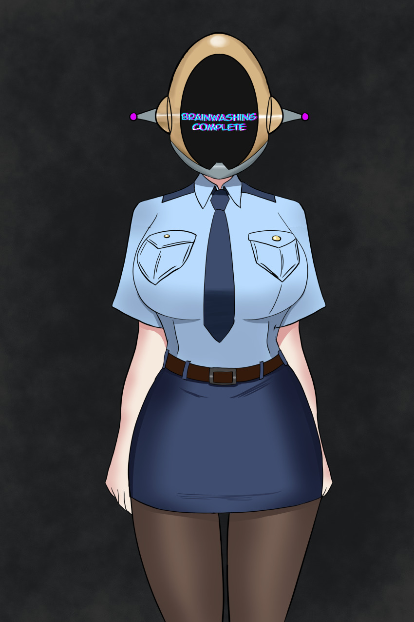 absurdres belted_skirt clefla comic defeated female_only femsub hard_translated helmet huge_breasts original pantyhose policewoman simple_background skirt solo standing_at_attention tech_control text tie translated