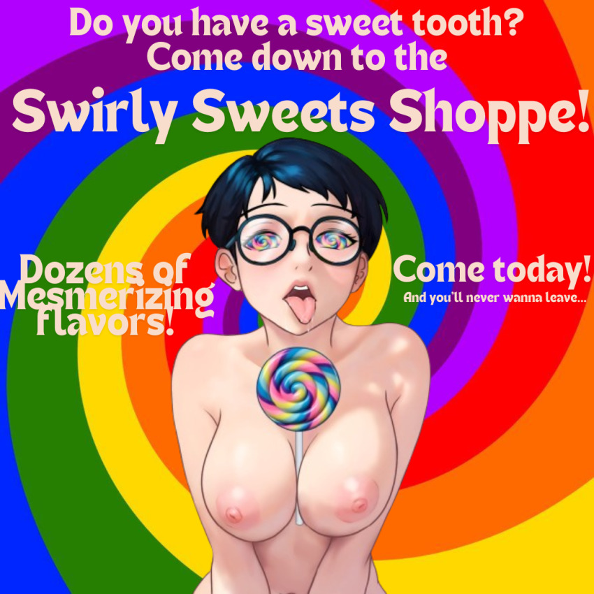 absurdres advertisement ahegao bare_breasts bare_shoulders blue_hair bottomless breasts candy carmen_sandiego drool female_only femsub food glasses hypnotic_food julia_argent_(carmen_sandiego) koolaidboi lollipop looking_at_viewer no_bra nude open_mouth rainbow_eyes short_hair simple_background simulated_paizuri spiral spiral_eyes symbol_in_eyes text tongue tongue_out topless zupern0va_(manipper)