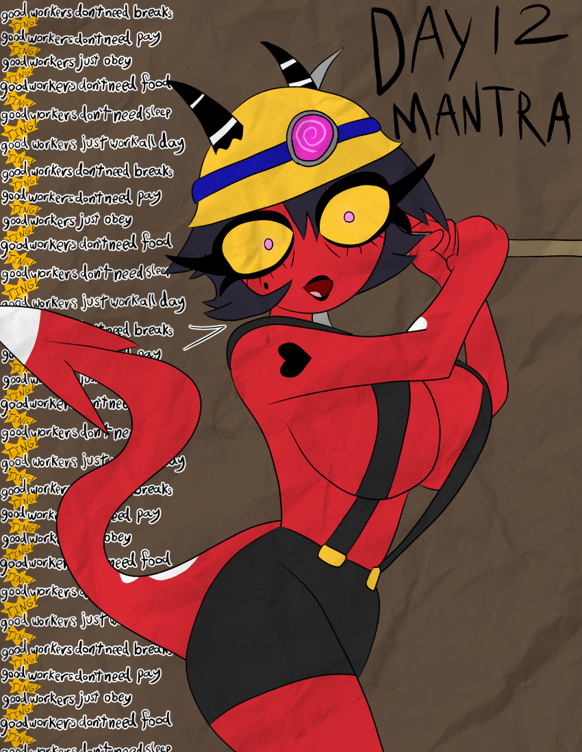 alternate_costume demon demon_girl femsub forced_employee glowing_eyes helluva_boss hypnovember mantra millie_(helluva_boss) pink_eyes simple_background tcross text