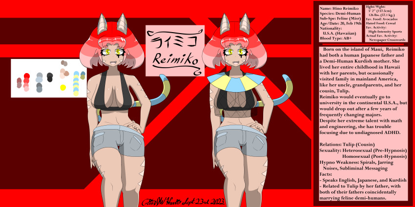 absurdres alternate_costume bikini_top blue_hair breasts caption cat_ears cat_girl cat_tail character_profile cleavage eyebrows_visible_through_hair eyelashes fangs female_only large_breasts mascara midriff multicolored_hair open_mouth original red_hair reference_sheet reimiko_(sobergin) sexuality_change short_shorts signature slit_pupils sobergin tan_skin text yellow_eyes