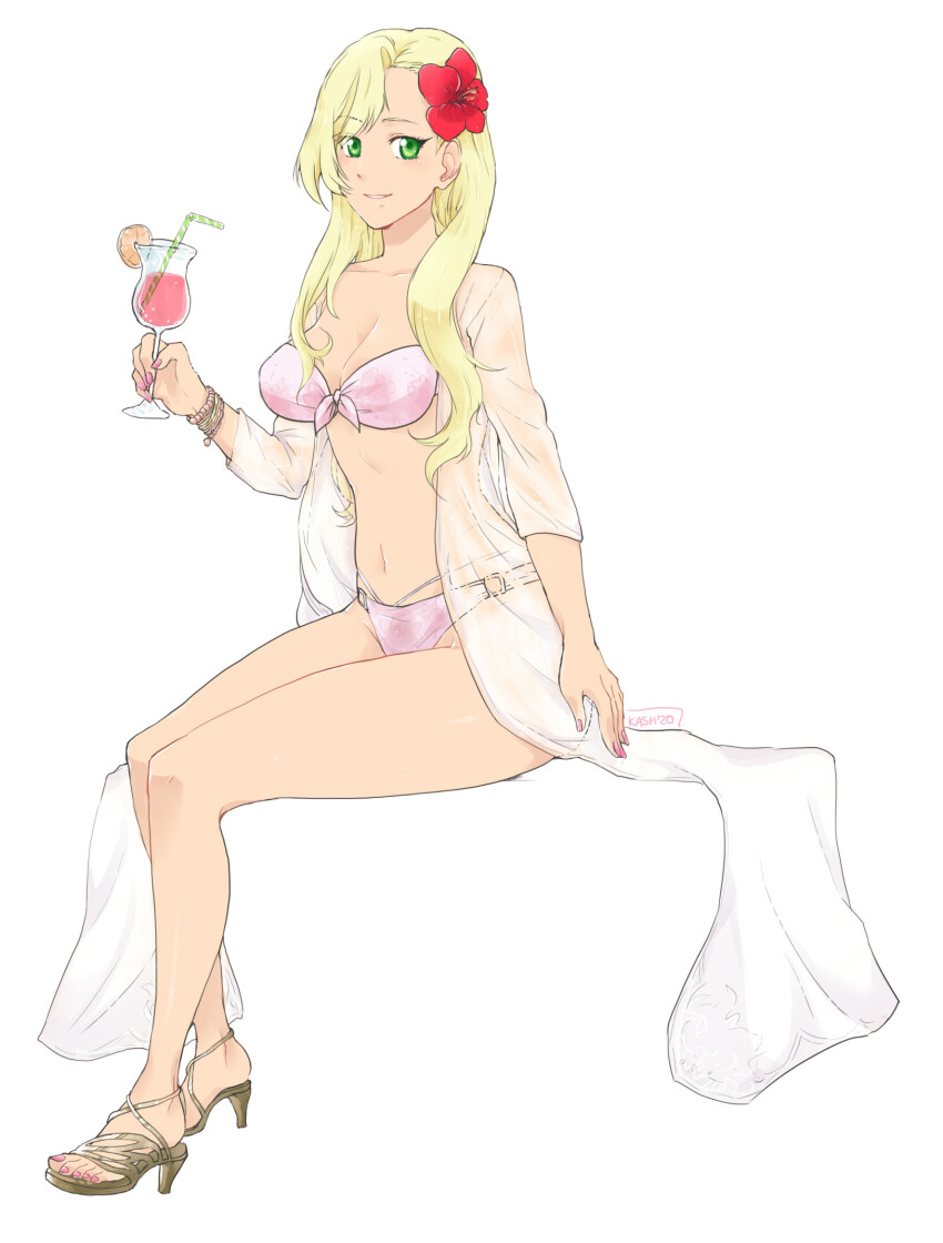 blonde_hair cleavage coat drinking female_only flower green_eyes long_hair mileena_weiss simple_background sitting smile swimsuit tales_of_(series) tales_of_the_rays white_background