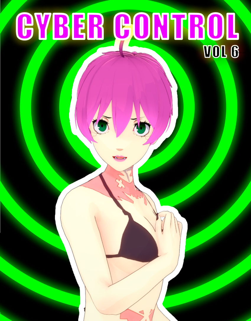 breasts comic green_eyes hypnosss pink_hair small_breasts tattoo text