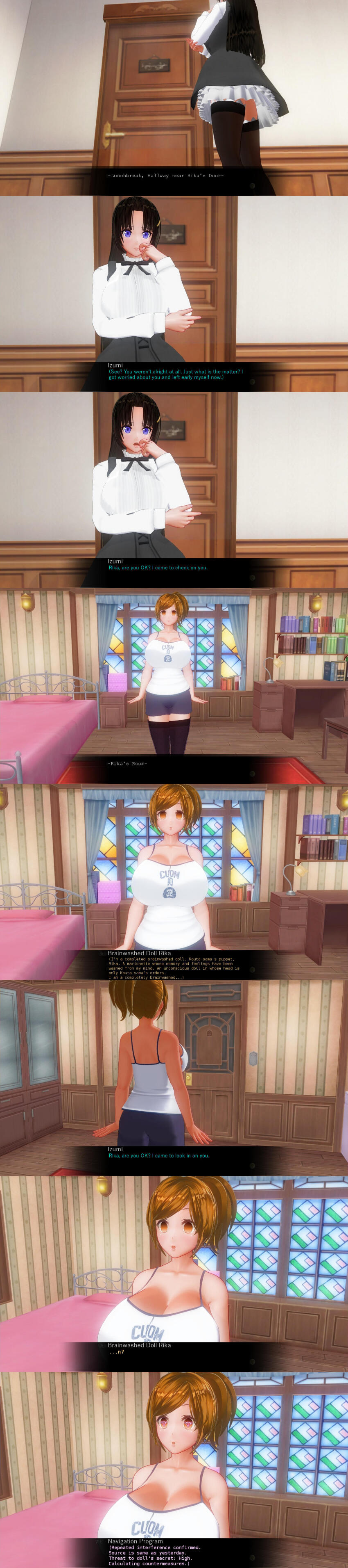 3d absurdres breasts comic custom_maid_3d_2 empty_eyes femsub hard_translated izumi_(made_to_order) kamen_writer_mc large_breasts mantra rika_(made_to_order) symbol_in_eyes tech_control text translated