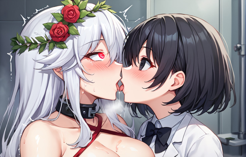 ai_art collar empty_eyes female_only femdom femsub izayoitsuki_(generator) kissing multiple_girls spiral_eyes tagme trembling yuri