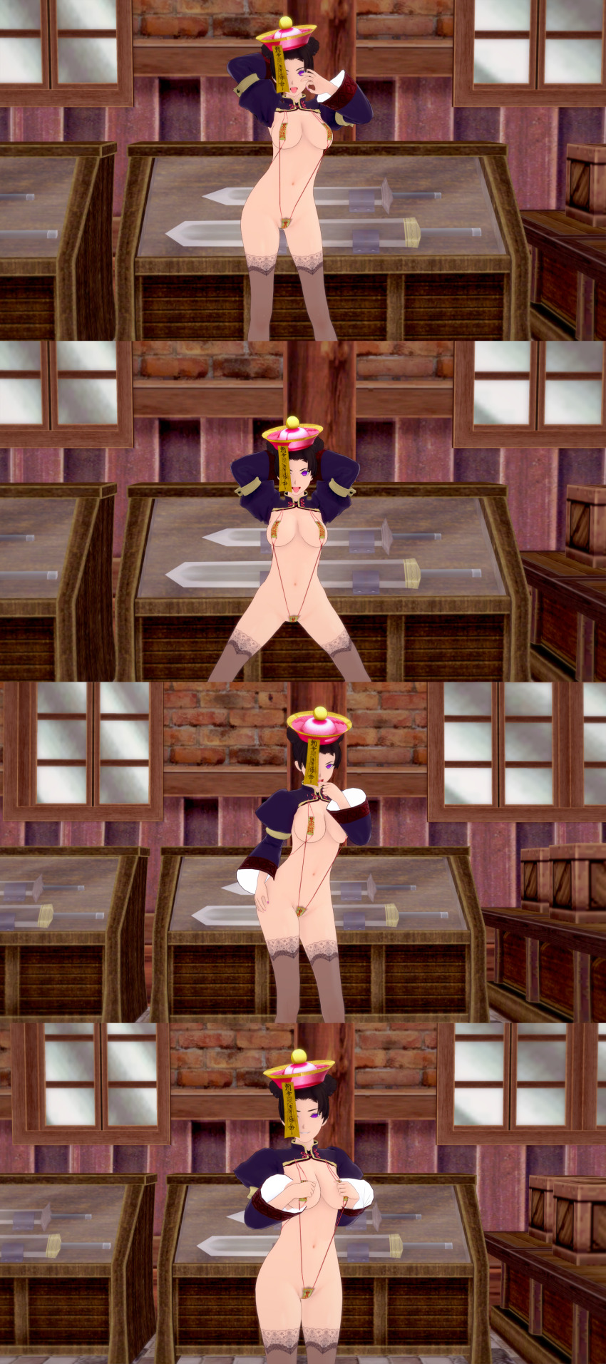 3d absurdres alternate_costume arms_behind_back before_and_after black_hair breasts china_dress clothed_exposure djiwedmewj empty_eyes exhibitionism female_only femsub hair_buns hand_on_hip hat jiangshi koikatsu! large_breasts looking_at_viewer midriff nail_polish naruto_(series) navel open_mouth pants posing pubic_hair purple_eyes sequence short_hair sling_bikini smile solo spread_legs surprised sword talisman tenten thigh_gap thighhighs thighs tight_clothing tongue tongue_out weapon