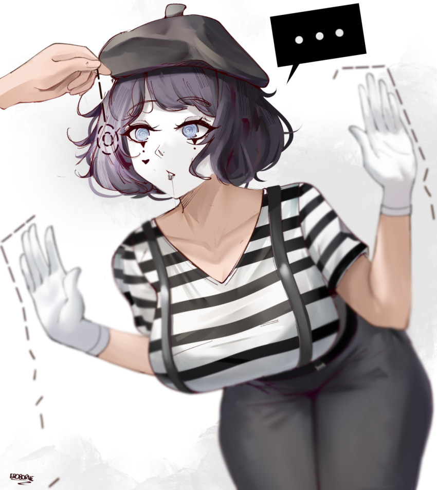 blue_eyes breasts clothed coin collarbone drool eroborne eyebrows_visible_through_hair eyelashes femsub gloves hat lipstick makeup mime original pants pendulum purple_hair short_hair signature simple_background speech_bubble spiral_eyes suspenders symbol_in_eyes