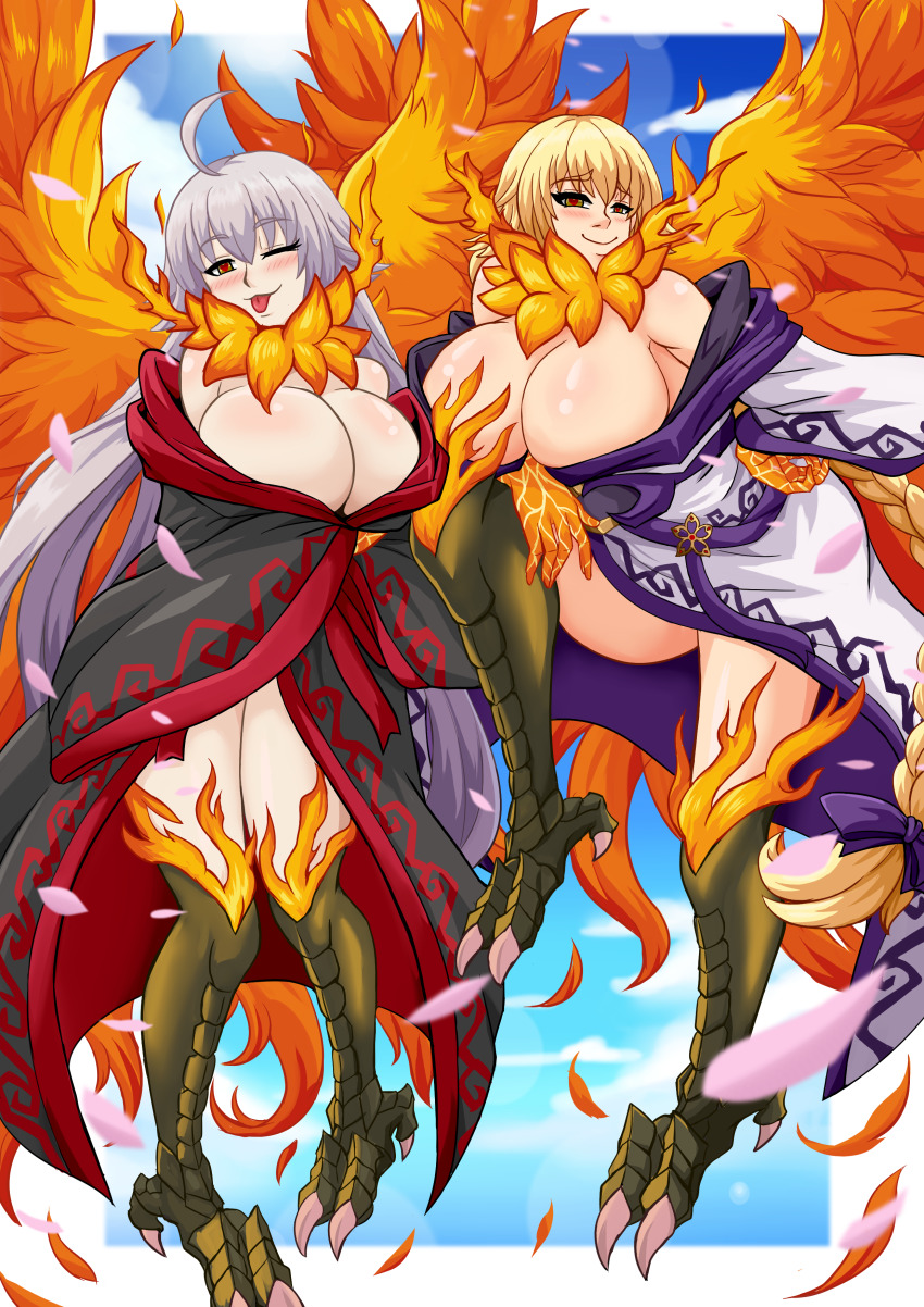 blonde_hair blush braid breasts cleavage fate/apocrypha fate/grand_order fate_(series) female_only femsub geisha happy_trance heart heart_eyes huge_breasts jeanne_alter jeanne_d'arc_(fate) kimono large_breasts long_hair multiple_girls non-human_feet phoenix rud-k smile symbol_in_eyes tongue tongue_out twintails very_long_hair white_hair wings wink yellow_eyes